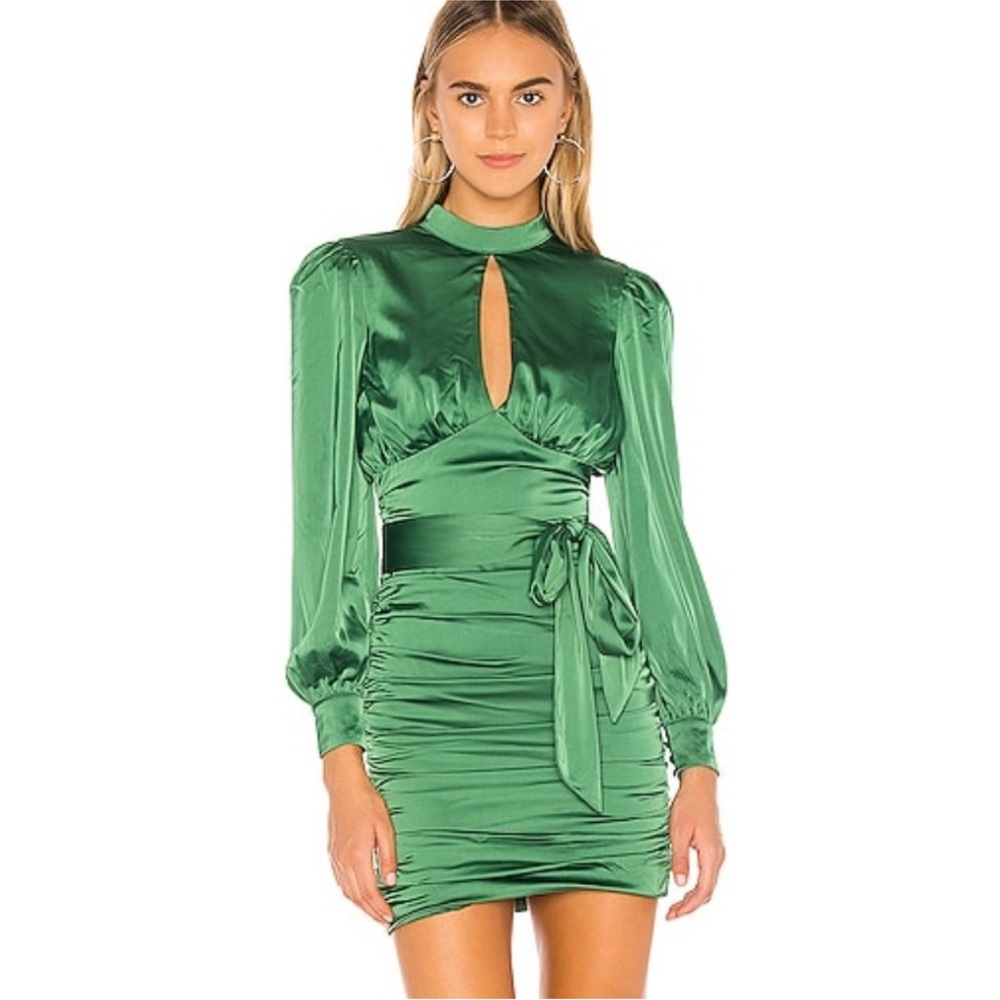MAJORELLE Green Satin Keyhole Puff-Sleeve Mini Dress